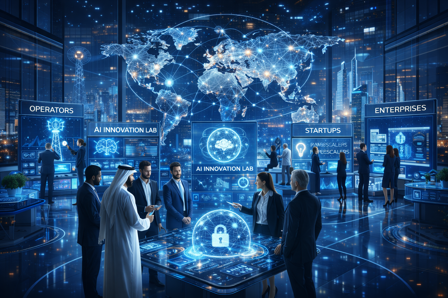 Futuristic global telecom innovation ecosystem with operators, hyperscalers, startups and enterprises collaborating, interconnected world map with glowing network links, AI innovation labs, co-creation spaces, diverse executives and engineers, modern corporate design, Middle East innovation hub aesthetic, high realism, clean futuristic lighting