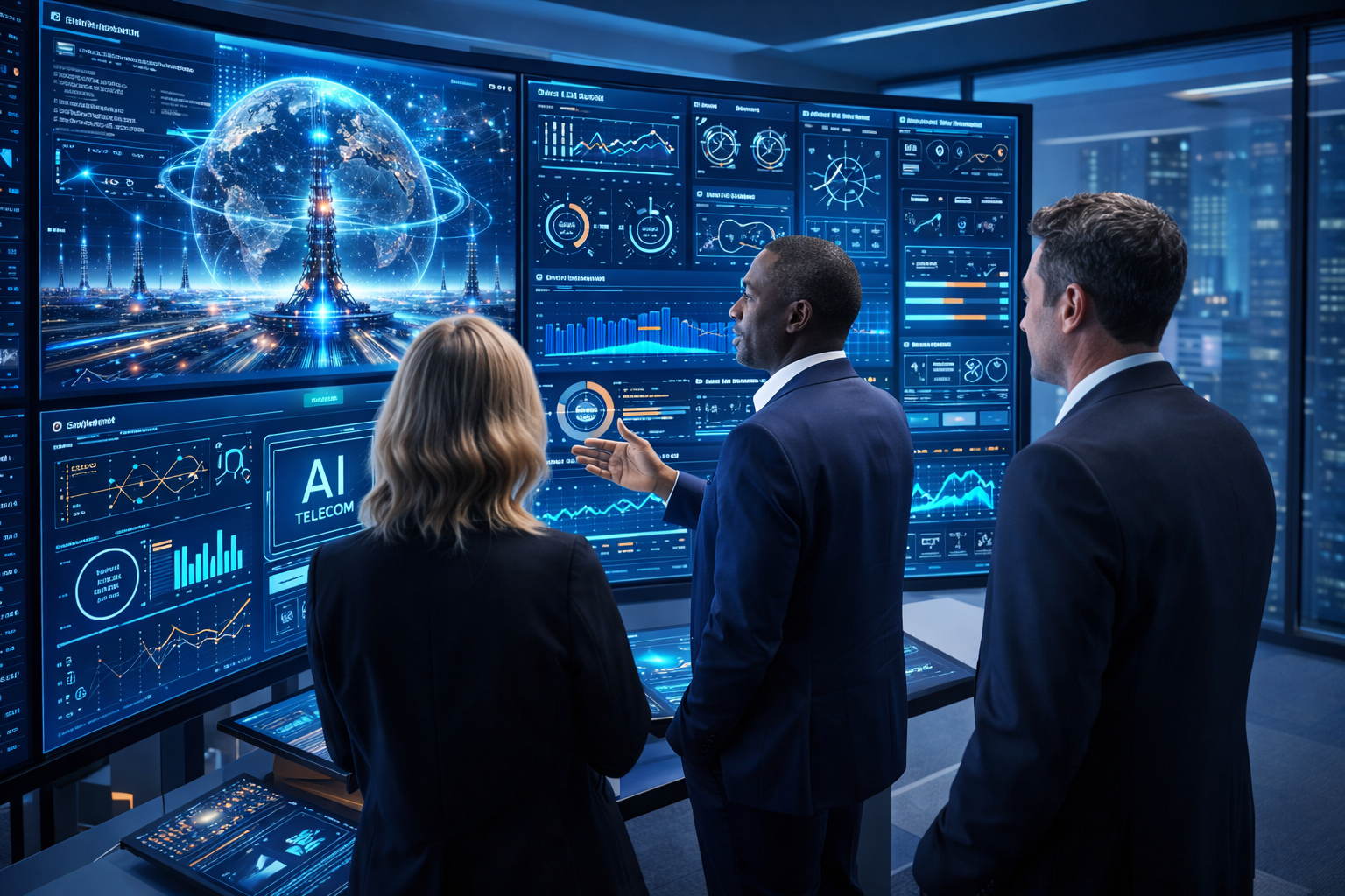 Enterprise executives using AI-powered telecom dashboards, B2B digital transformation, global business environment, modern corporate style