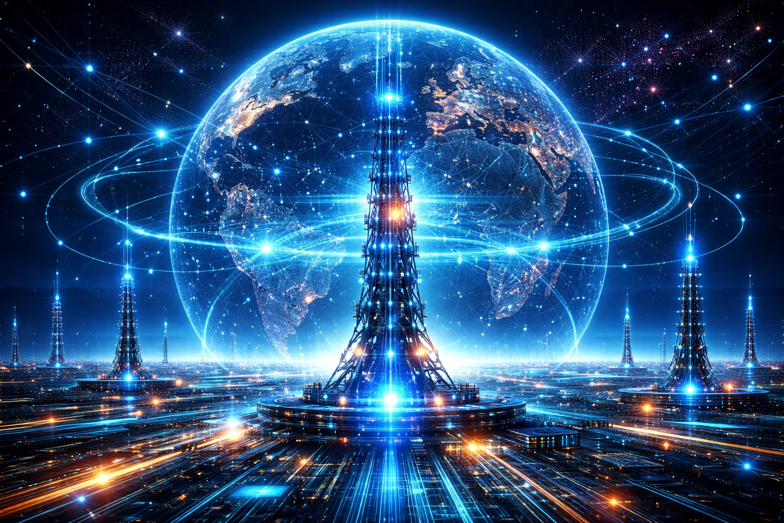 Futuristic autonomous telecom network powered by artificial intelligence, glowing data nodes, global connectivity, smart towers, high-tech digital style